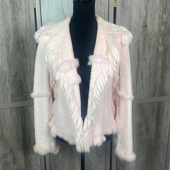 Pink 100% angora/rabbit fur open front jacket with tassels women’s XS-S - Picture 1 of 16